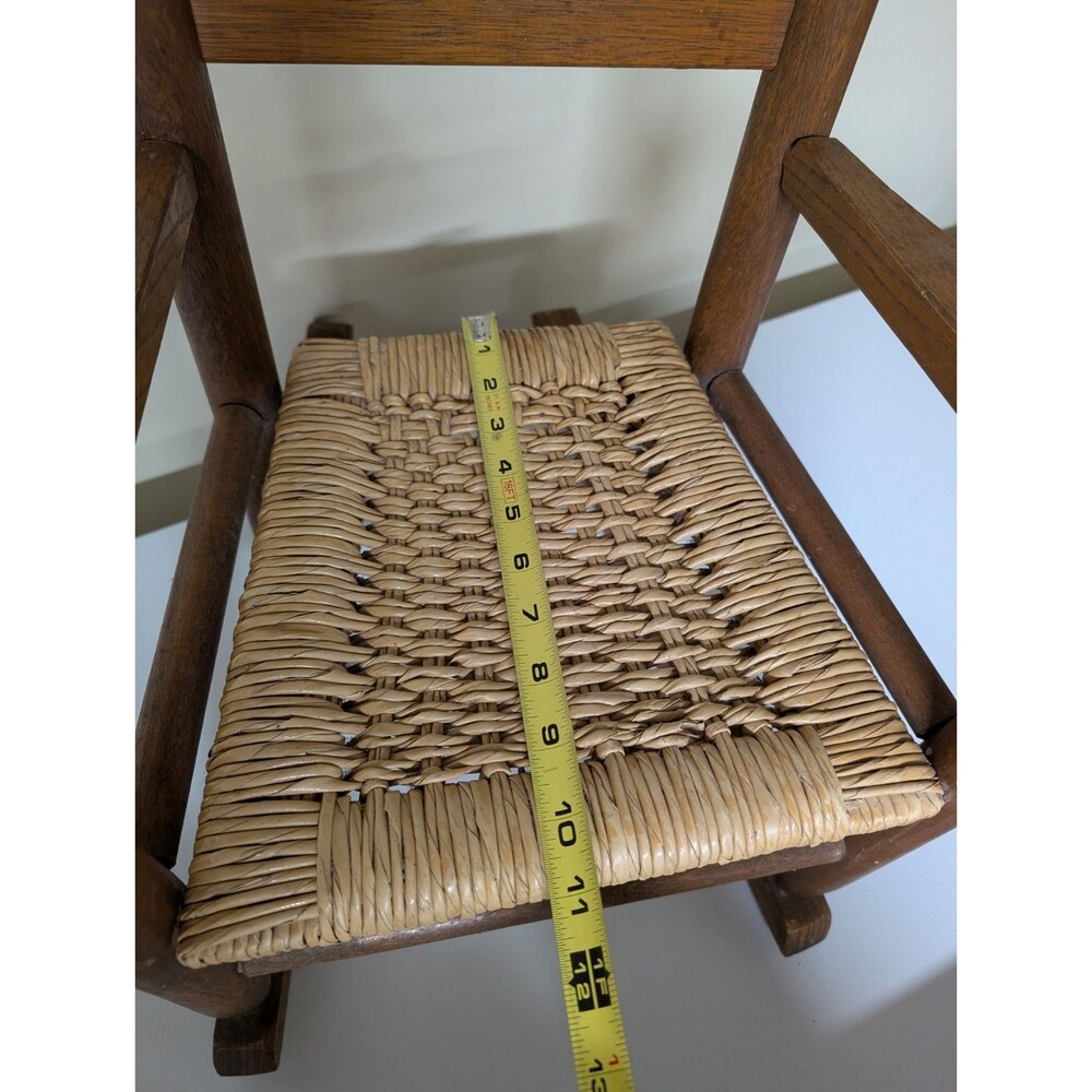 Vintage MCM 24" Wooden Child’s Rocking Chair w/ Arms & Handwoven Rattan Seat EUC - Picture 4 of 7